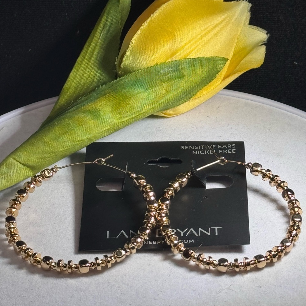 Lane Bryant Gold Tone Gold Beaded Hoop Statement Earrings 2.25 inch